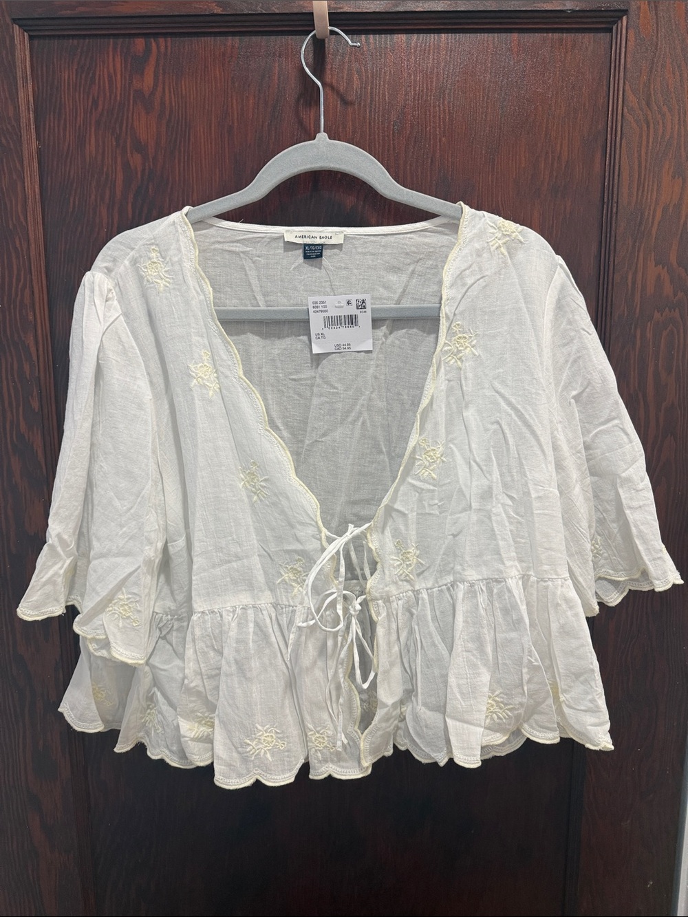 American Eagle Outfitters White Peasant Tie-Front Embroidered Blouse